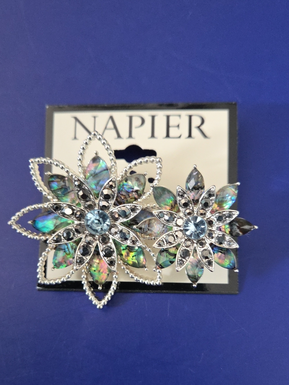 Napier Silver Floral Brooch Duo with Iridescent Green-Blue Petals